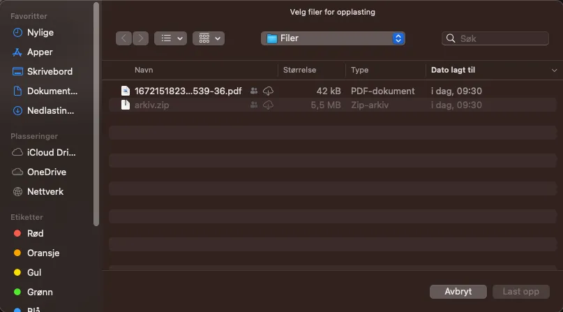 Filvelgeren på macOS. I dette tilfellet kan ikke det komprimerte arkivet velges.